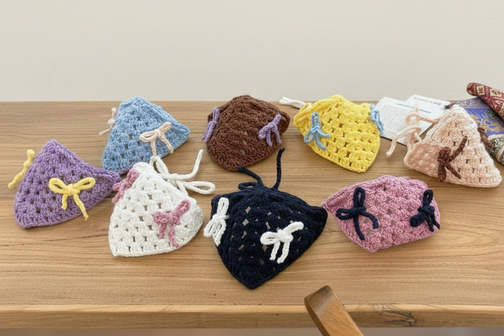 Colorful knitted items on a wooden desk 